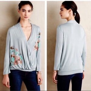 Anthropologie Akemi + Kin Wrap Blouse Top Size S Womans Blue Floral Embroidered